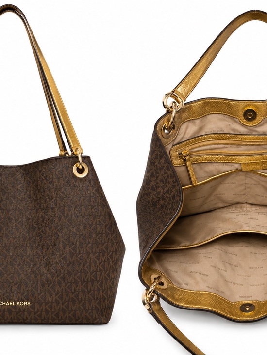Michael Kors Handbags - Michael Kors Brown and Gold Logo-Print Shoulder Bag